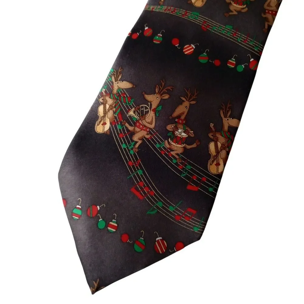 Holiday Traditions MMG Silk Tie Mens Black Musical Reindeer Christmas Hallmark